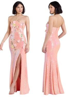 NEW Minerva Strapless Sequin Formal Gown Prom Dress Peach Floral Size Small 3/5